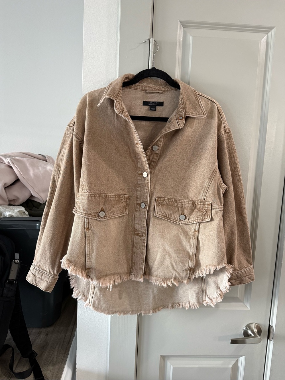 AllSaints Frayed Hem Oversized Denim Jacket - Beige